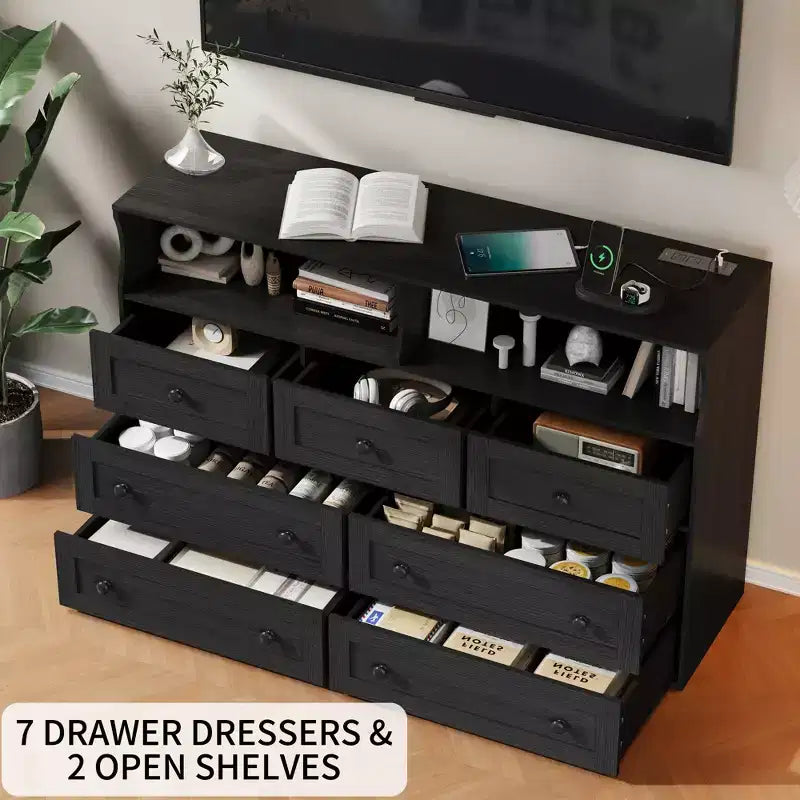 Commode de chambre à 7 tiroirs avec lumières LED, commode en bois avec 2 compartiments ouverts et station de charge pour placard, entrée