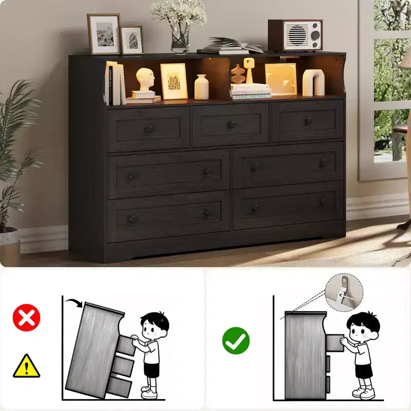 Commode de chambre à 7 tiroirs avec lumières LED, commode en bois avec 2 compartiments ouverts et station de charge pour placard, entrée