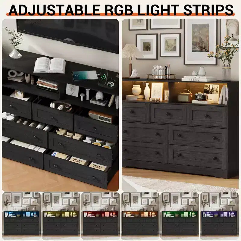 Commode de chambre à 7 tiroirs avec lumières LED, commode en bois avec 2 compartiments ouverts et station de charge pour placard, entrée