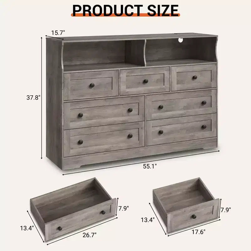 Commode de chambre à 7 tiroirs avec lumières LED, commode en bois avec 2 compartiments ouverts et station de charge pour placard, entrée
