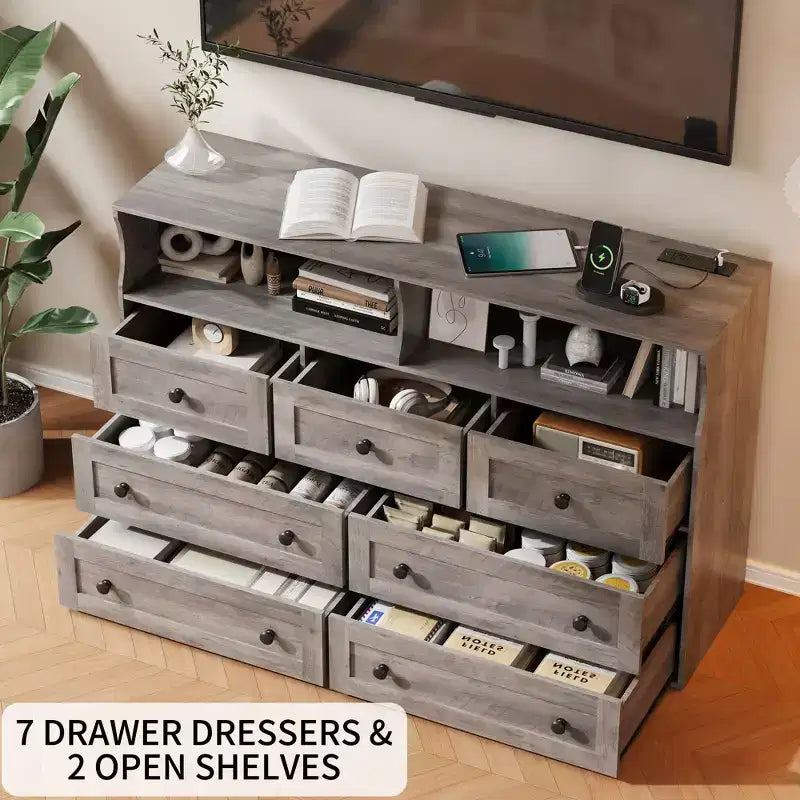 Commode de chambre à 7 tiroirs avec lumières LED, commode en bois avec 2 compartiments ouverts et station de charge pour placard, entrée