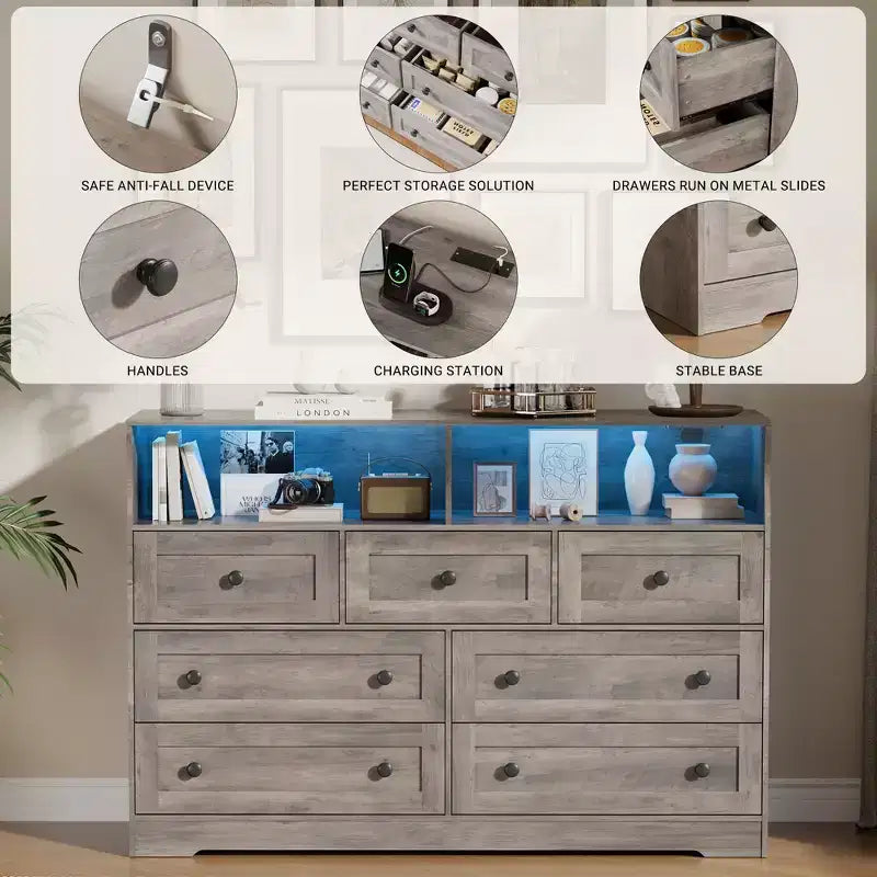 Commode de chambre à 7 tiroirs avec lumières LED, commode en bois avec 2 compartiments ouverts et station de charge pour placard, entrée