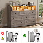 Commode de chambre à 7 tiroirs avec lumières LED, commode en bois avec 2 compartiments ouverts et station de charge pour placard, entrée