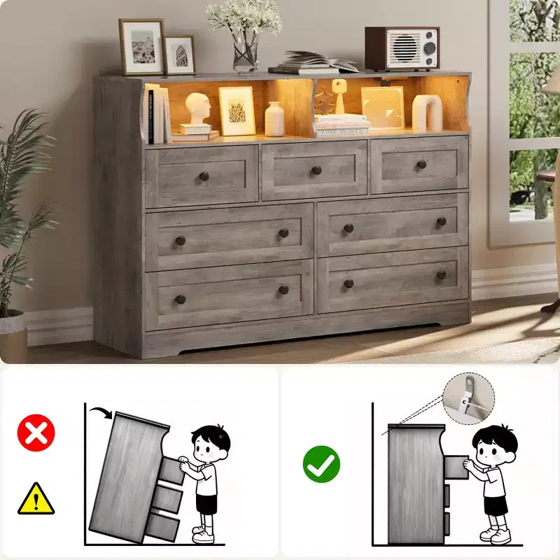 Commode de chambre à 7 tiroirs avec lumières LED, commode en bois avec 2 compartiments ouverts et station de charge pour placard, entrée