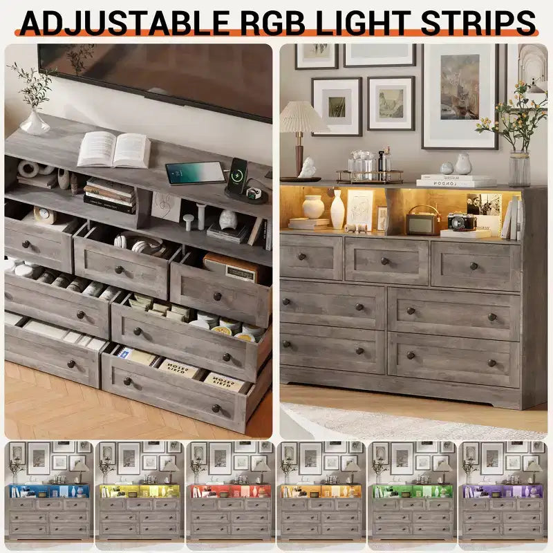 Commode de chambre à 7 tiroirs avec lumières LED, commode en bois avec 2 compartiments ouverts et station de charge pour placard, entrée