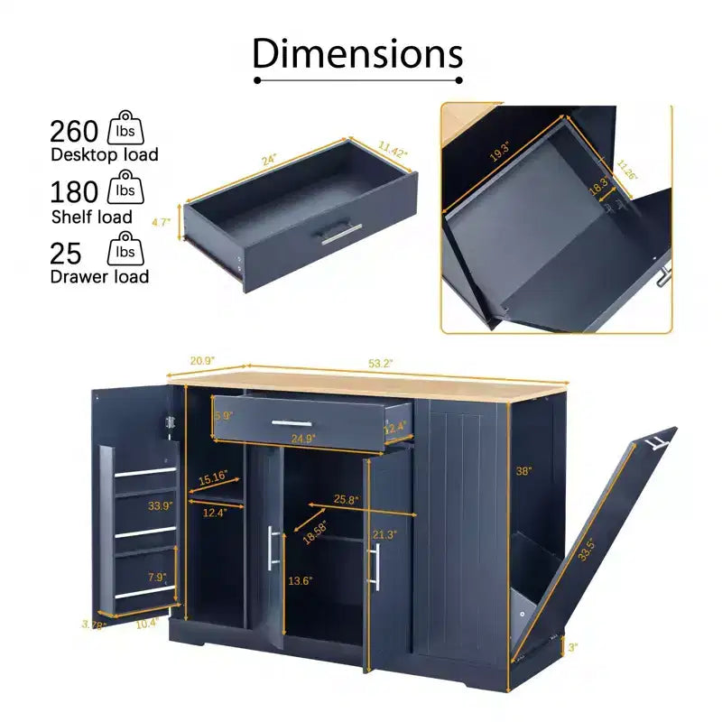 Îlot de cuisine moderne Okak avec portes, tiroir central et rangement pour poubelle, buffet de rangement pour cuisine, salle à manger