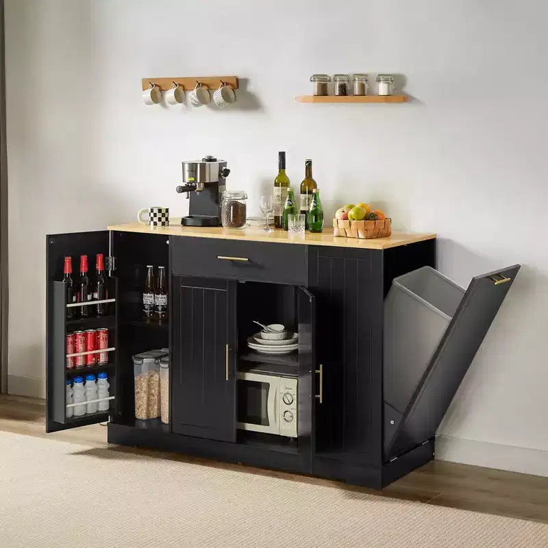 Îlot de cuisine moderne Okak avec portes, tiroir central et rangement pour poubelle, buffet de rangement pour cuisine, salle à manger