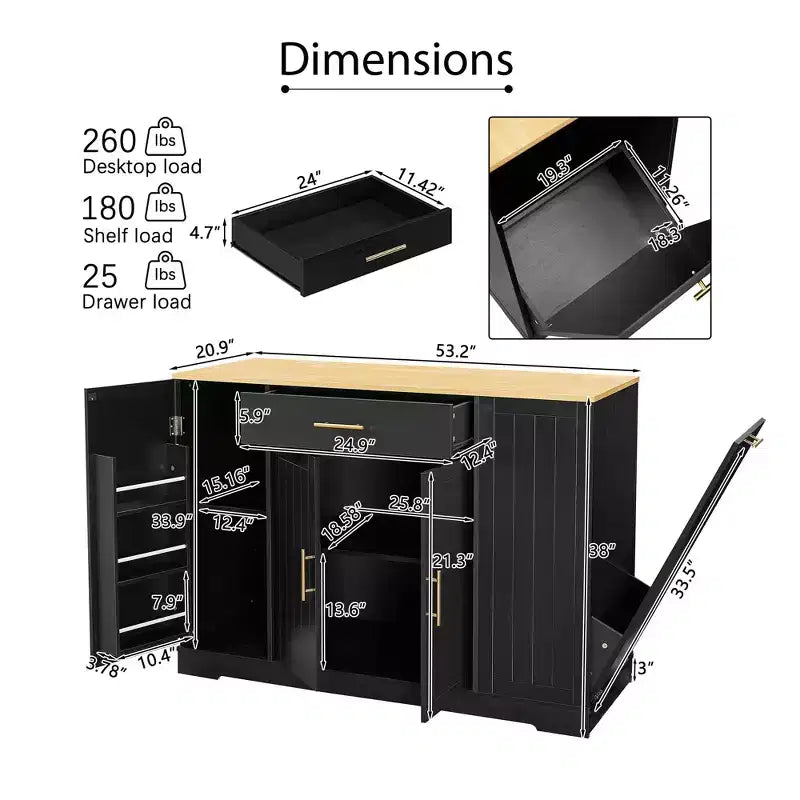 Îlot de cuisine moderne Okak avec portes, tiroir central et rangement pour poubelle, buffet de rangement pour cuisine, salle à manger