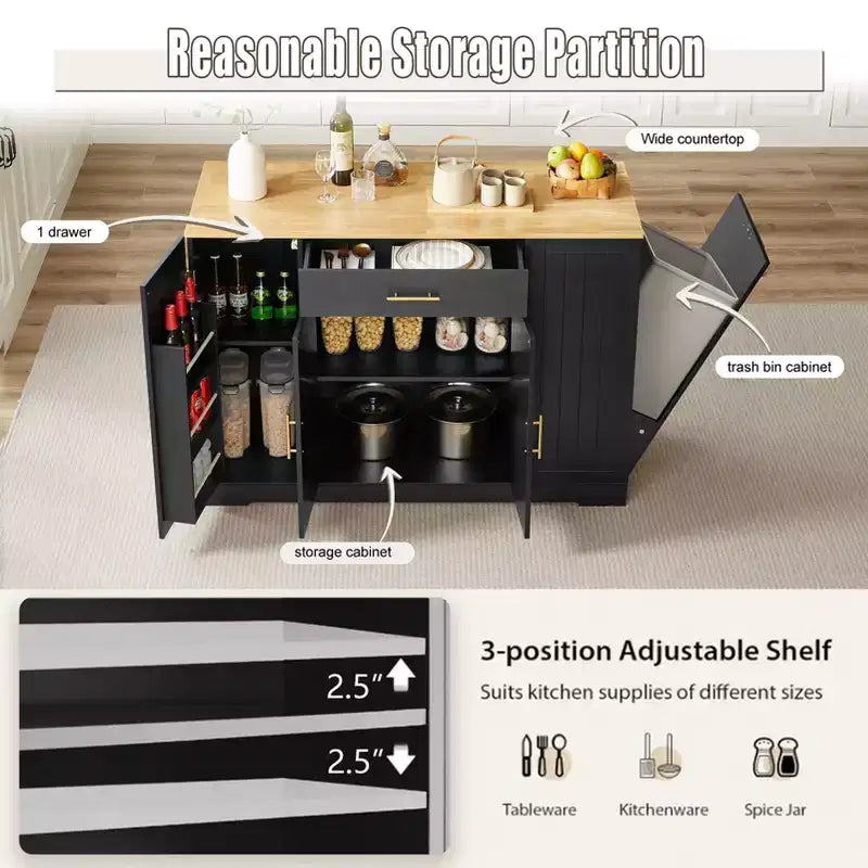 Îlot de cuisine moderne Okak avec portes, tiroir central et rangement pour poubelle, buffet de rangement pour cuisine, salle à manger