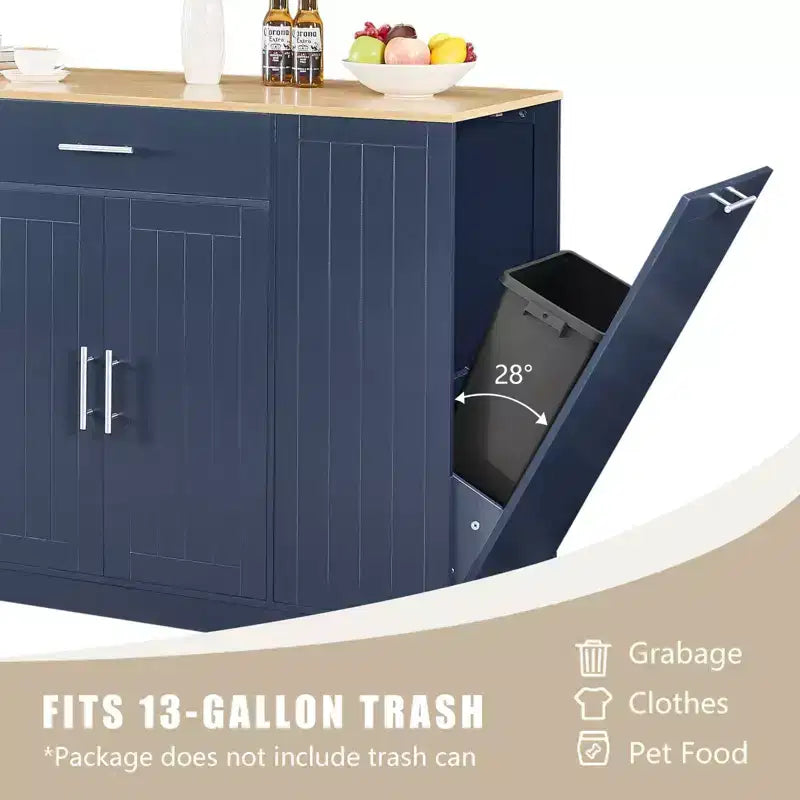 Îlot de cuisine moderne Okak avec portes, tiroir central et rangement pour poubelle, buffet de rangement pour cuisine, salle à manger