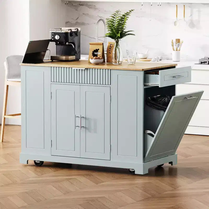 Okak Îlot de cuisine moderne avec prise de courant et poubelle basculante, chariot de cuisine roulant avec roues et étagères, meuble de rangement, table de salle à manger