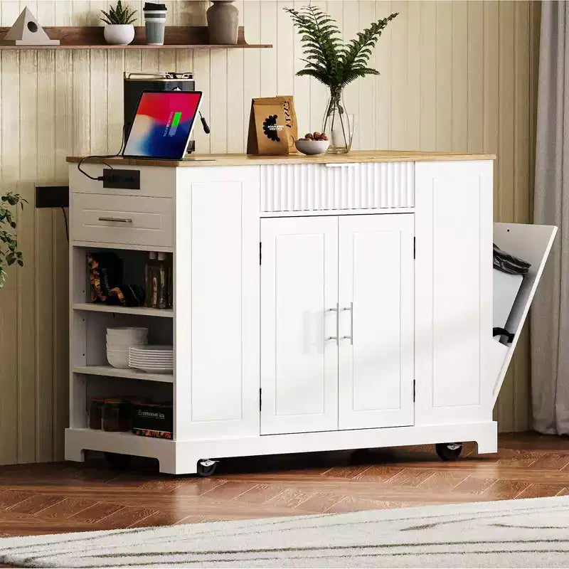 Okak Îlot de cuisine moderne avec prise de courant et poubelle basculante, chariot de cuisine roulant avec roues et étagères, meuble de rangement, table de salle à manger
