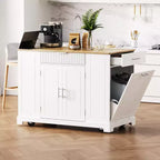 Okak Îlot de cuisine moderne avec prise de courant et poubelle basculante, chariot de cuisine roulant avec roues et étagères, meuble de rangement, table de salle à manger