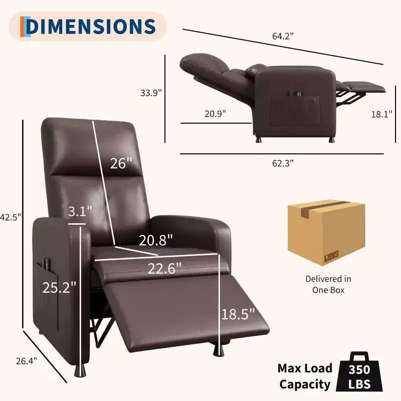Fauteuil inclinable électrique COZONY avec chauffage et massage, inclinable électrique réglable en cuir PU, dossier haut, siège rembourré, canapé de cinéma maison pour salon