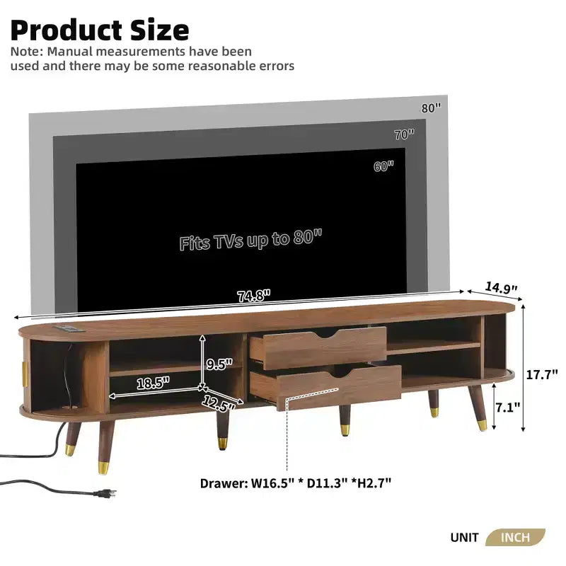 Meuble TV ovale cannelé en bois JVNOXK avec station de charge pour TV jusqu'à 80 pouces, console multimédia de style Mid-Century avec porte coulissante à tambour, noyer