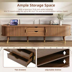 Meuble TV ovale cannelé en bois JVNOXK avec station de charge pour TV jusqu'à 80 pouces, console multimédia de style Mid-Century avec porte coulissante à tambour, noyer