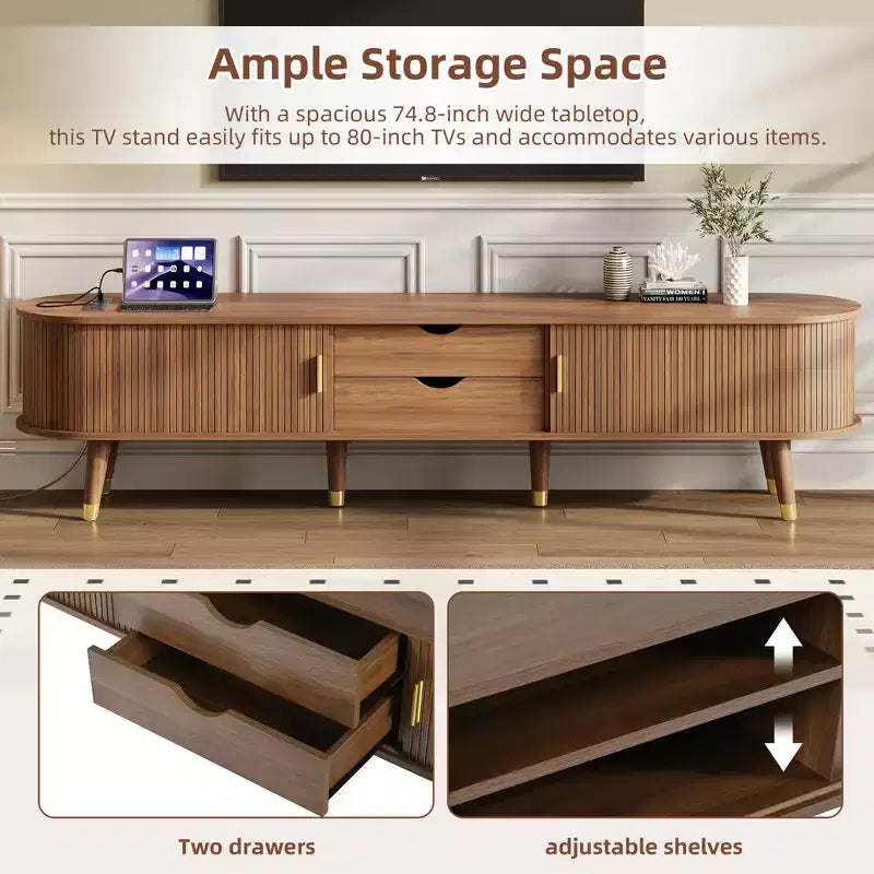 Meuble TV ovale cannelé en bois JVNOXK avec station de charge pour TV jusqu'à 80 pouces, console multimédia de style Mid-Century avec porte coulissante à tambour, noyer