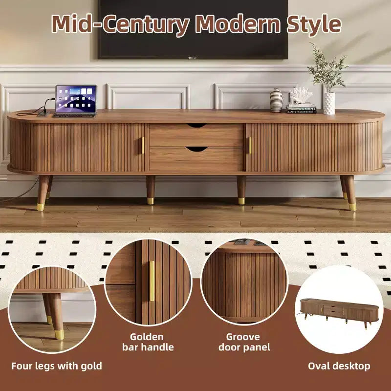 Meuble TV ovale cannelé en bois JVNOXK avec station de charge pour TV jusqu'à 80 pouces, console multimédia de style Mid-Century avec porte coulissante à tambour, noyer