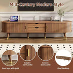 Meuble TV ovale cannelé en bois JVNOXK avec station de charge pour TV jusqu'à 80 pouces, console multimédia de style Mid-Century avec porte coulissante à tambour, noyer