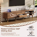 Meuble TV ovale cannelé en bois JVNOXK avec station de charge pour TV jusqu'à 80 pouces, console multimédia de style Mid-Century avec porte coulissante à tambour, noyer