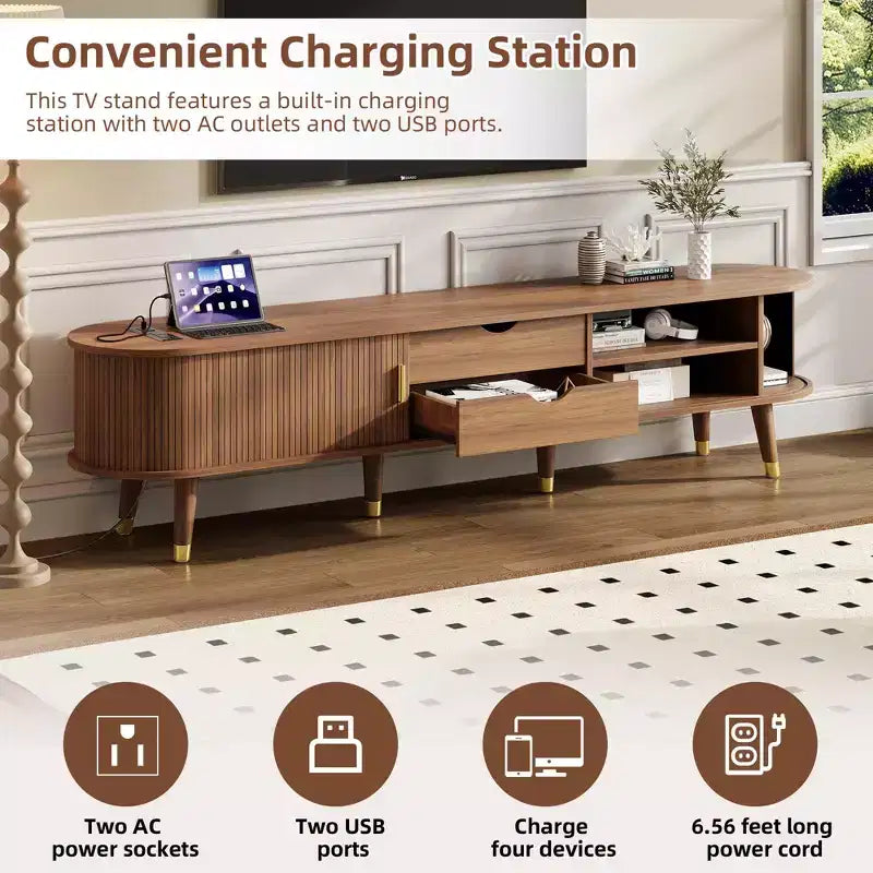Meuble TV ovale cannelé en bois JVNOXK avec station de charge pour TV jusqu'à 80 pouces, console multimédia de style Mid-Century avec porte coulissante à tambour, noyer
