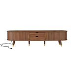 Meuble TV ovale cannelé en bois JVNOXK avec station de charge pour TV jusqu'à 80 pouces, console multimédia de style Mid-Century avec porte coulissante à tambour, noyer