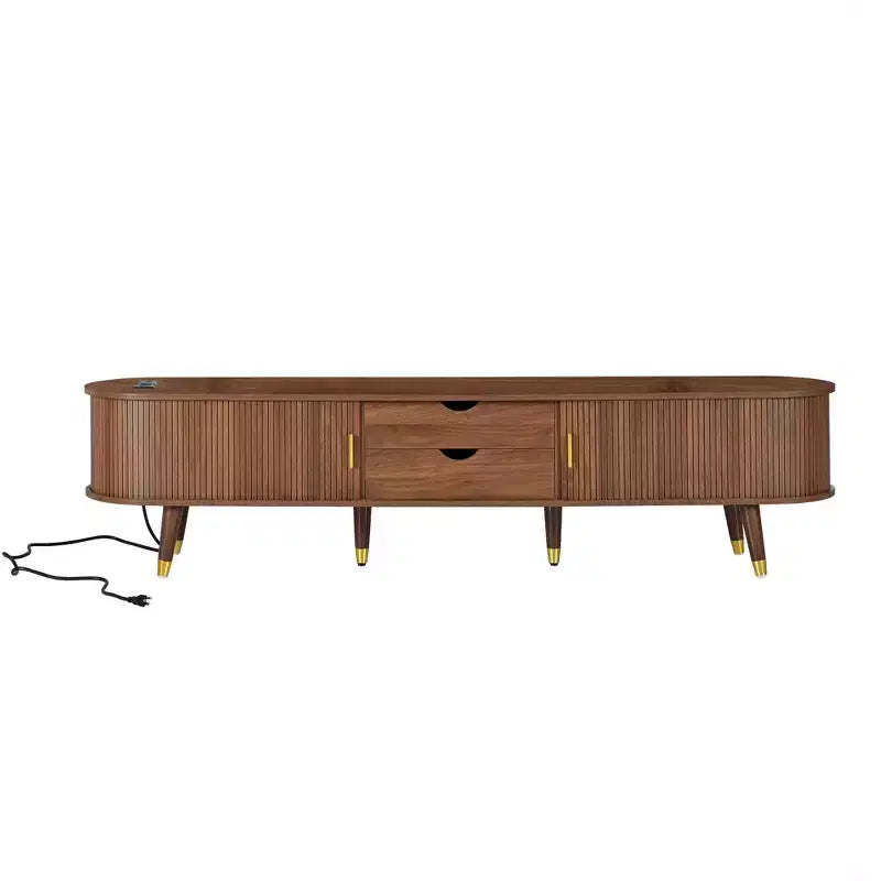 Meuble TV ovale cannelé en bois JVNOXK avec station de charge pour TV jusqu'à 80 pouces, console multimédia de style Mid-Century avec porte coulissante à tambour, noyer