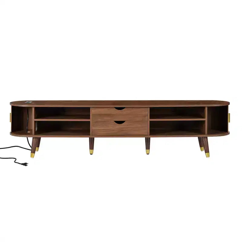 Meuble TV ovale cannelé en bois JVNOXK avec station de charge pour TV jusqu'à 80 pouces, console multimédia de style Mid-Century avec porte coulissante à tambour, noyer