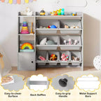 Meuble de rangement et bibliothèque pour enfants Costway, bibliothèque en bois avec 4 petites boîtes et 4 grandes boîtes Gris/Blanc