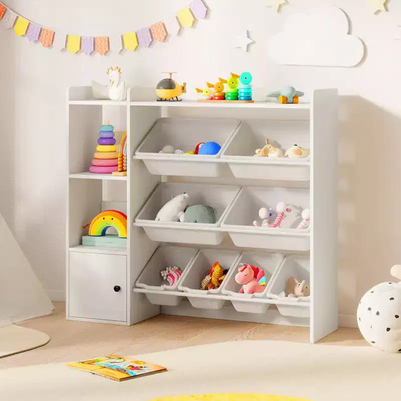Meuble de rangement et bibliothèque pour enfants Costway, bibliothèque en bois avec 4 petites boîtes et 4 grandes boîtes Gris/Blanc