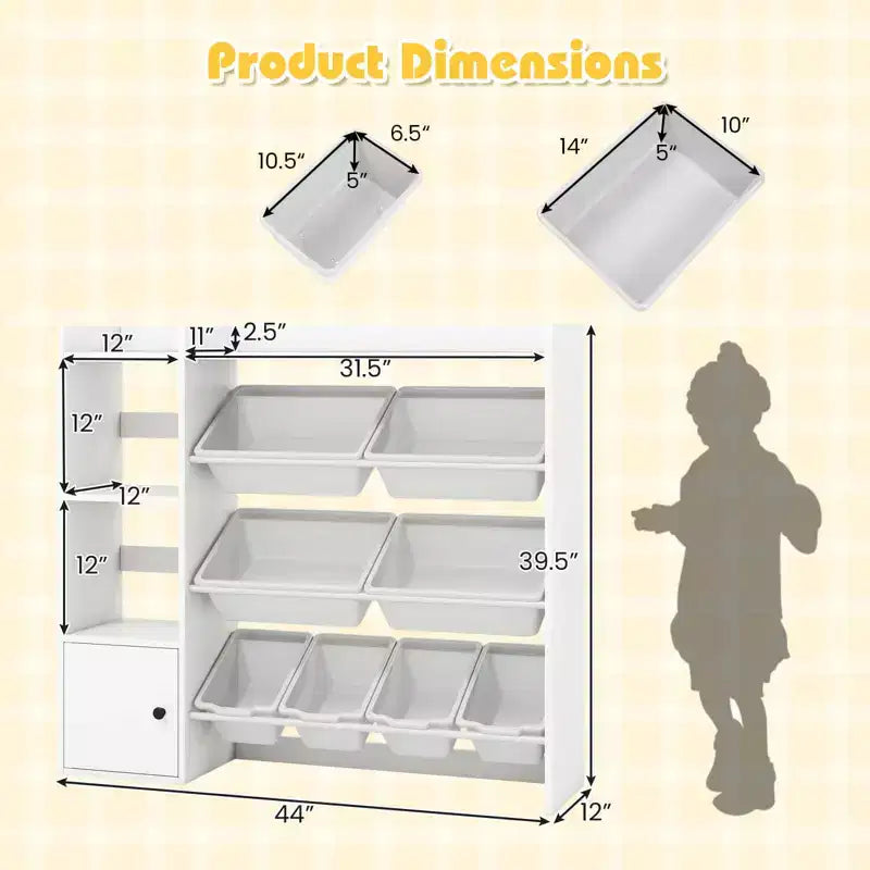 Meuble de rangement et bibliothèque pour enfants Costway, bibliothèque en bois avec 4 petites boîtes et 4 grandes boîtes Gris/Blanc