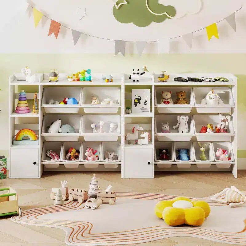 Meuble de rangement et bibliothèque pour enfants Costway, bibliothèque en bois avec 4 petites boîtes et 4 grandes boîtes Gris/Blanc