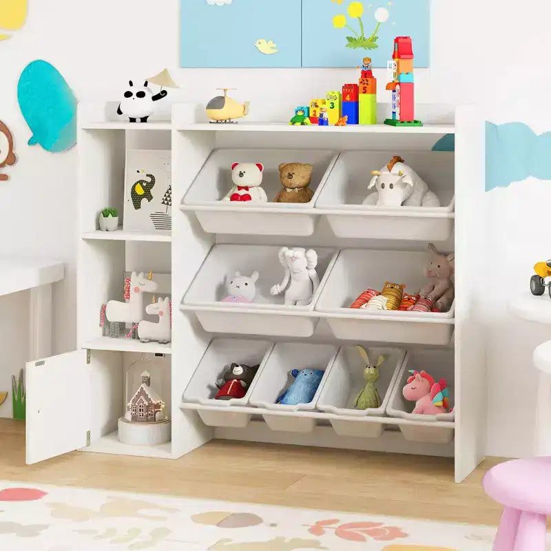 Meuble de rangement et bibliothèque pour enfants Costway, bibliothèque en bois avec 4 petites boîtes et 4 grandes boîtes Gris/Blanc