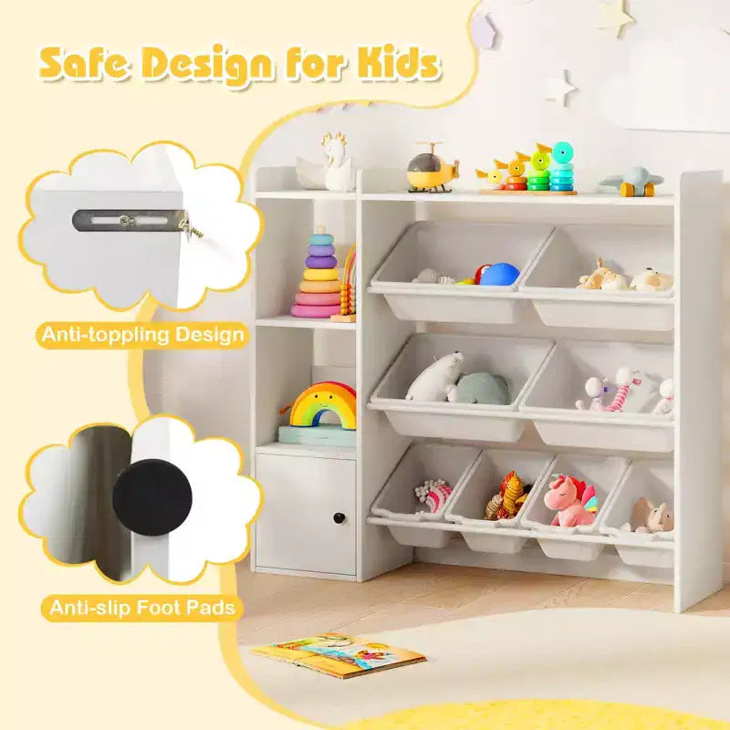 Meuble de rangement et bibliothèque pour enfants Costway, bibliothèque en bois avec 4 petites boîtes et 4 grandes boîtes Gris/Blanc