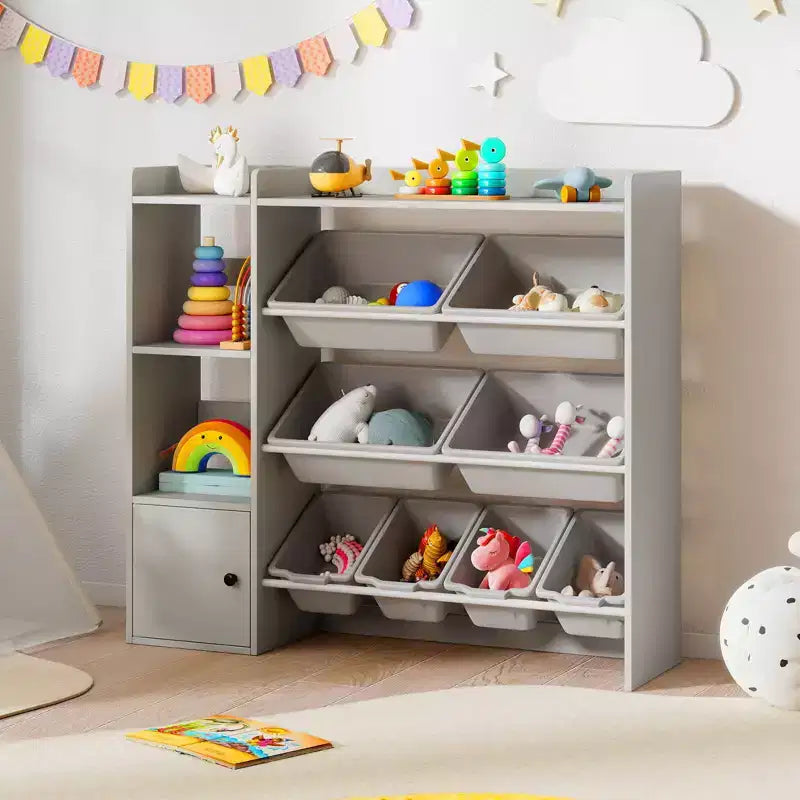 Meuble de rangement et bibliothèque pour enfants Costway, bibliothèque en bois avec 4 petites boîtes et 4 grandes boîtes Gris/Blanc