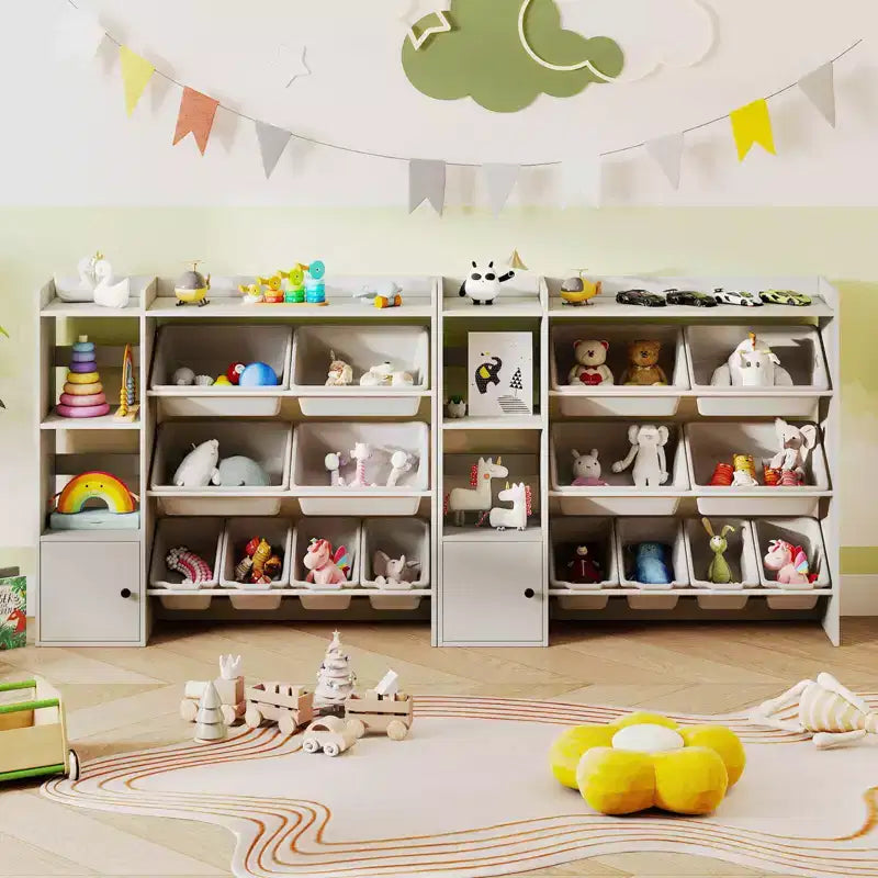 Meuble de rangement et bibliothèque pour enfants Costway, bibliothèque en bois avec 4 petites boîtes et 4 grandes boîtes Gris/Blanc