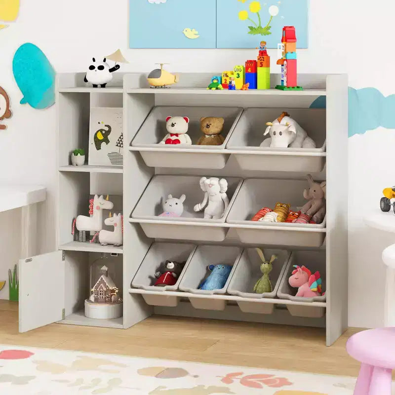 Meuble de rangement et bibliothèque pour enfants Costway, bibliothèque en bois avec 4 petites boîtes et 4 grandes boîtes Gris/Blanc