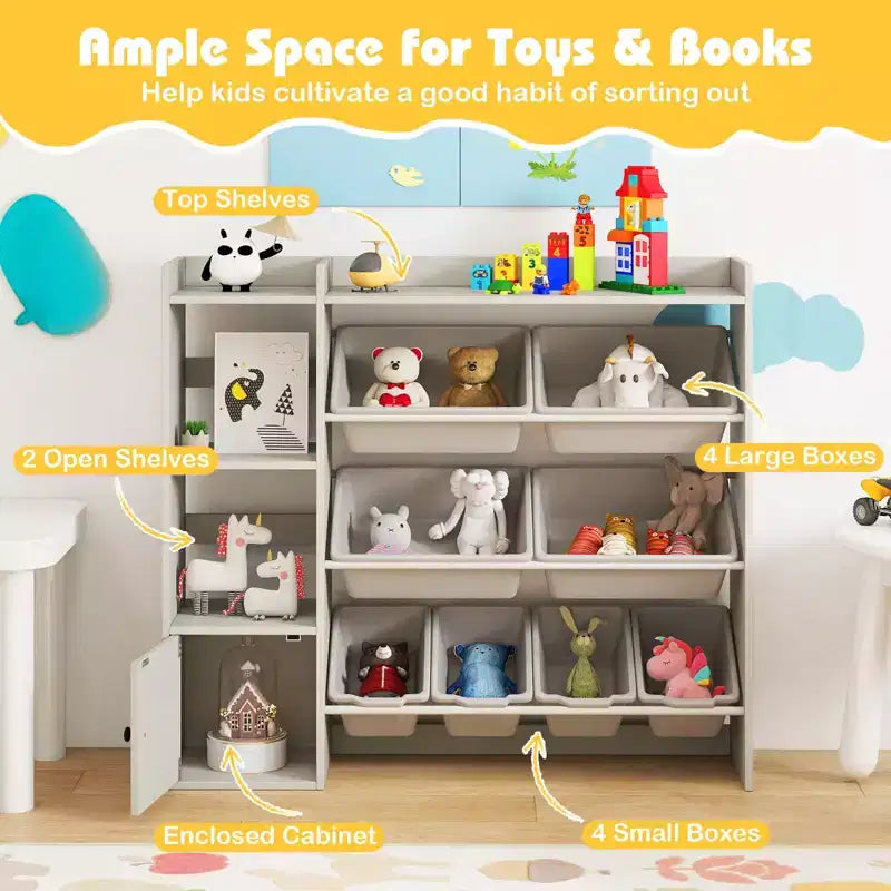 Meuble de rangement et bibliothèque pour enfants Costway, bibliothèque en bois avec 4 petites boîtes et 4 grandes boîtes Gris/Blanc