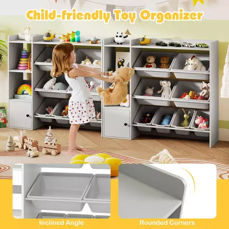 Meuble de rangement et bibliothèque pour enfants Costway, bibliothèque en bois avec 4 petites boîtes et 4 grandes boîtes Gris/Blanc