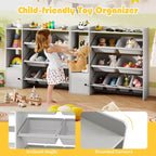 Meuble de rangement et bibliothèque pour enfants Costway, bibliothèque en bois avec 4 petites boîtes et 4 grandes boîtes Gris/Blanc