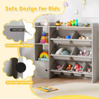 Meuble de rangement et bibliothèque pour enfants Costway, bibliothèque en bois avec 4 petites boîtes et 4 grandes boîtes Gris/Blanc