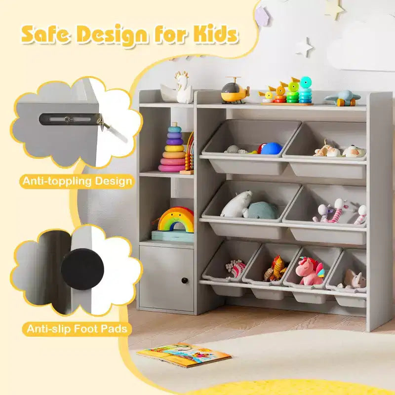 Meuble de rangement et bibliothèque pour enfants Costway, bibliothèque en bois avec 4 petites boîtes et 4 grandes boîtes Gris/Blanc