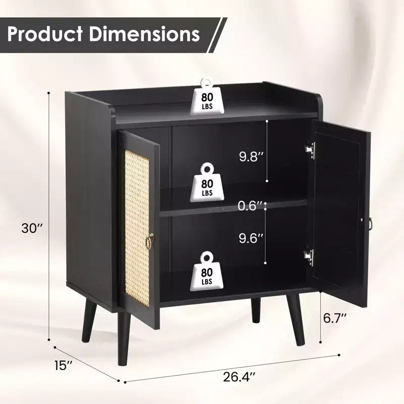 JVNOXK Buffet de salle à manger avec rangement, meuble à liqueurs avec portes décorées en rotin, console pour le salon - Noir