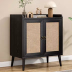 JVNOXK Buffet de salle à manger avec rangement, meuble à liqueurs avec portes décorées en rotin, console pour le salon - Noir