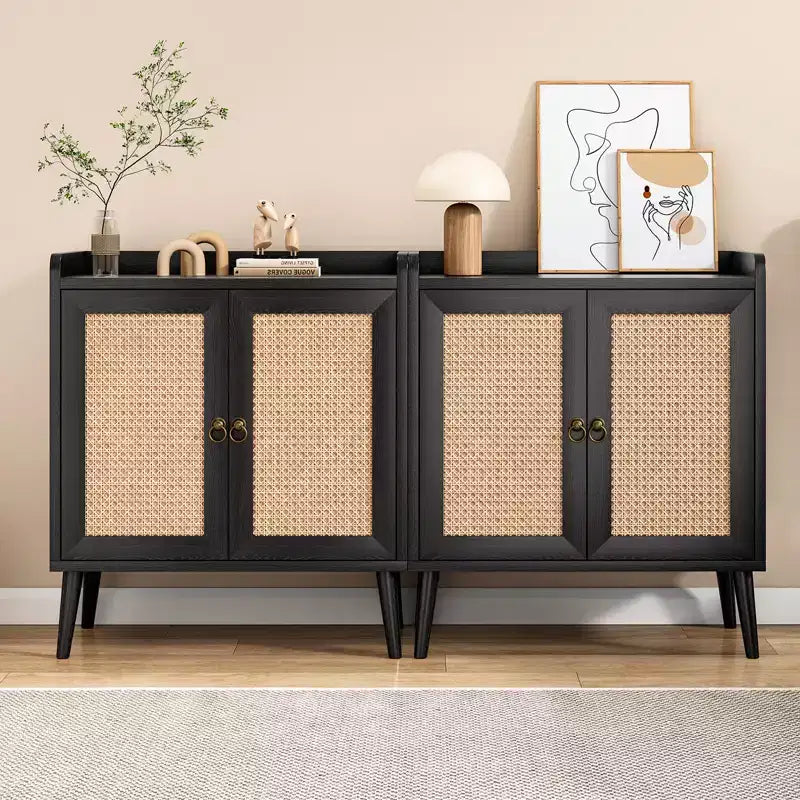 JVNOXK Buffet de salle à manger avec rangement, meuble à liqueurs avec portes décorées en rotin, console pour le salon - Noir