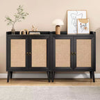 JVNOXK Buffet de salle à manger avec rangement, meuble à liqueurs avec portes décorées en rotin, console pour le salon - Noir
