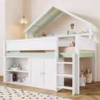 Lit mezzanine pleine grandeur Whisen, design inspiré d'une maison avec toit à baldaquin et armoire de rangement