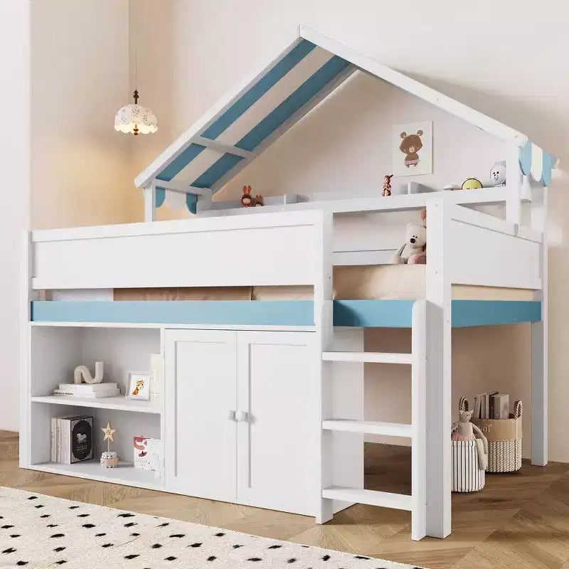 Lit mezzanine pleine grandeur Whisen, design inspiré d'une maison avec toit à baldaquin et armoire de rangement