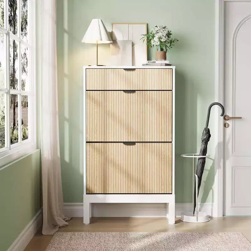 2 tiroirs abattants, meuble à chaussures fin et étroit, sur pied, pour l'entrée, armoire à chaussures de rangement