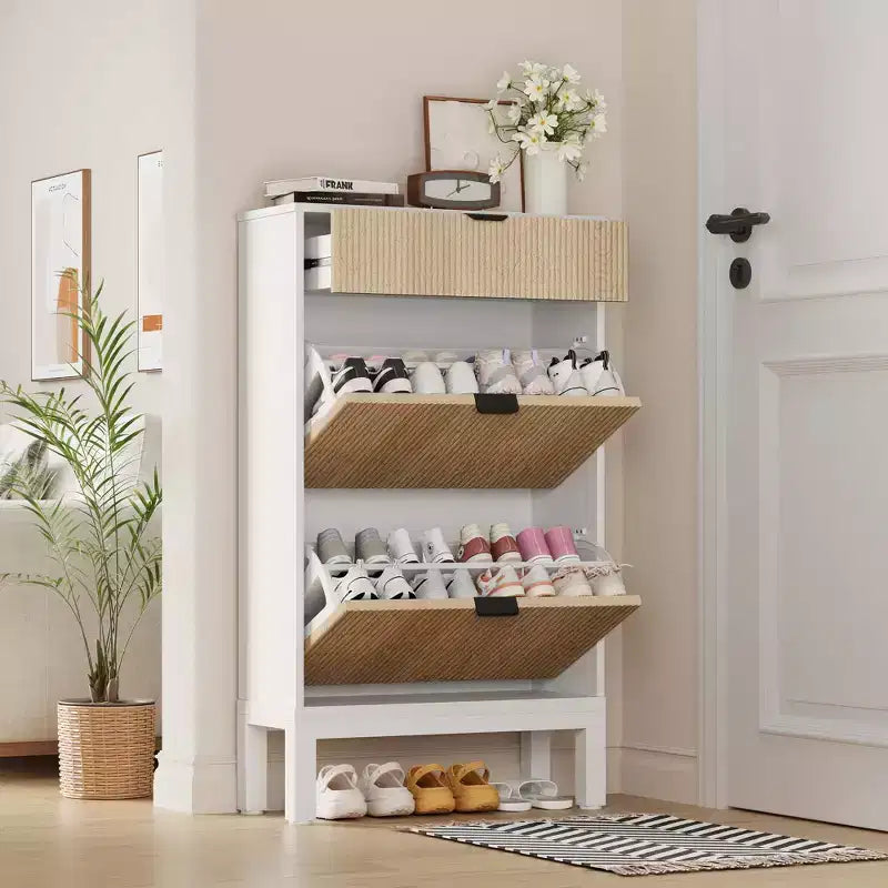 2 tiroirs abattants, meuble à chaussures fin et étroit, sur pied, pour l'entrée, armoire à chaussures de rangement